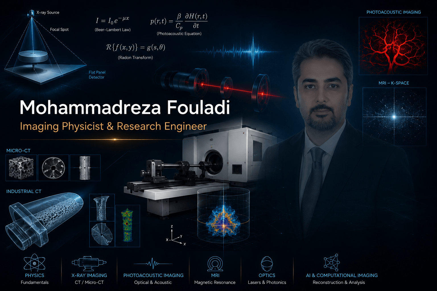 Portrait of Mohammadreza Fouladi, Imaging Physicist and Research Engineer, surrounded by illustrations of CT, micro-CT, industrial CT, X-ray imaging, MRI, photoacoustic imaging, optics, and computational imaging technologies.