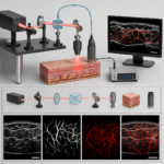 A high-tech medical imaging visualization for mrfouladi.com showing a confocal microscope setup and digital histopathology slides of biological tissues.